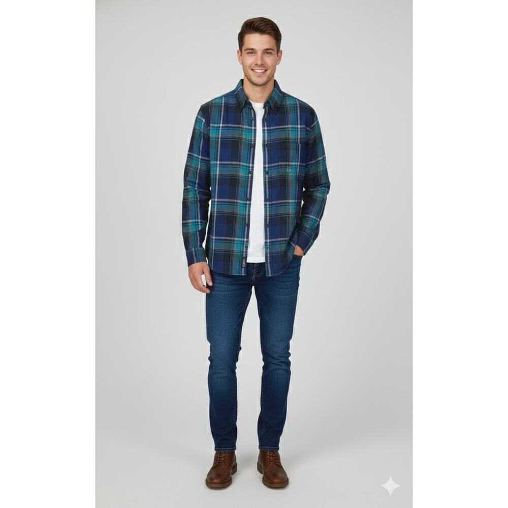 Express Mens Collared Button Up Plaid Shirt Size Small Long Sleeve Blue Green